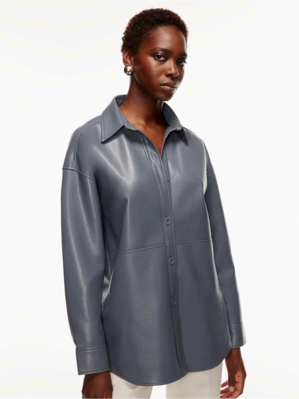Babaton PELLI Gray VEGAN Leather Button-Front Shirt Jacket